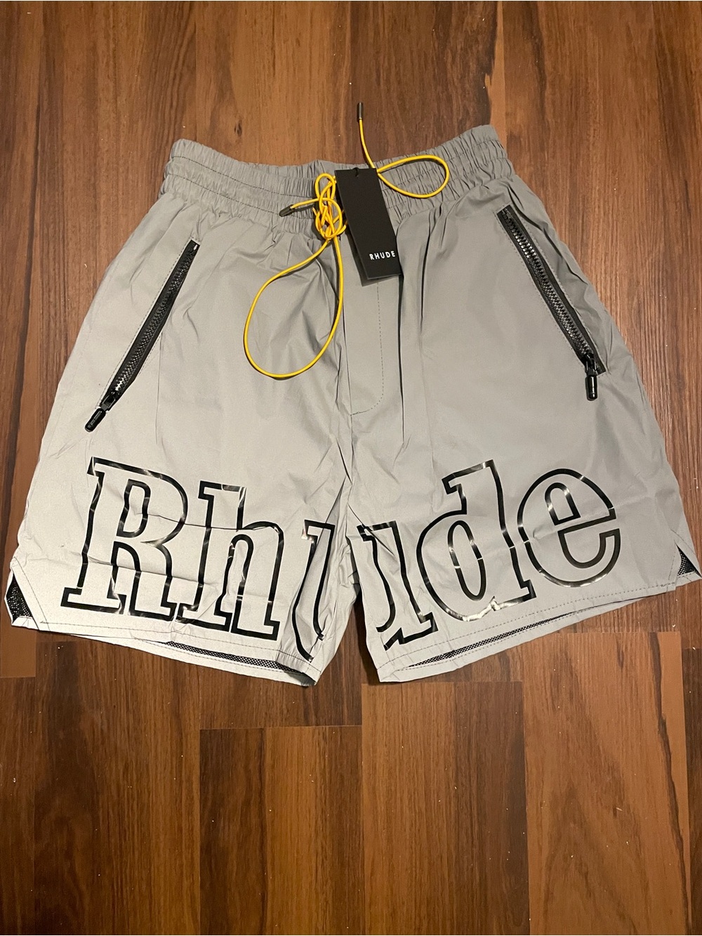 Rhude Light Gray Athletic Shorts with Yellow Drawcord